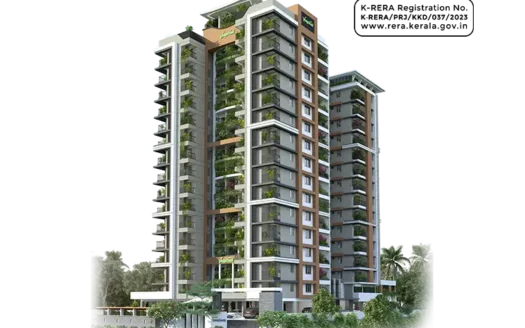 Modern exterior of Veegaland Symphony apartment for sale in Calicut, showcasing sleek architecture and lush landscaping.